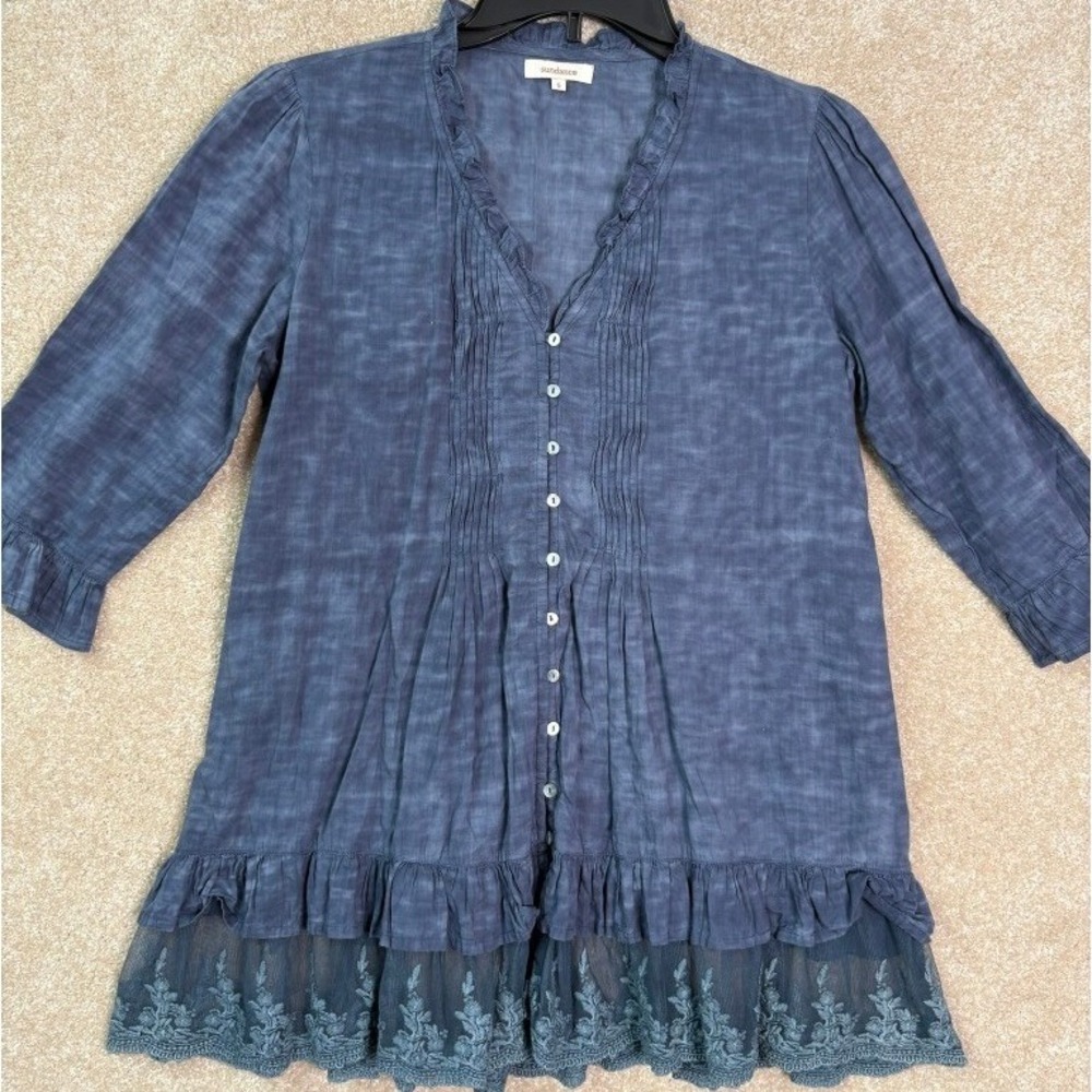 SUNDANCE Tunic Top Women's Small Blue Cotton Embroidered Lace Boho Peasant